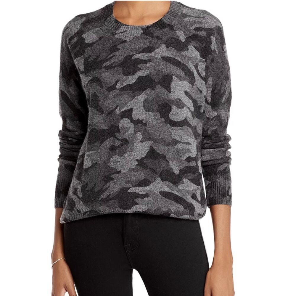 Aqua 100% Cashmere Camo Crewneck Sweater Gray Black Medium - Picture 7 of 16